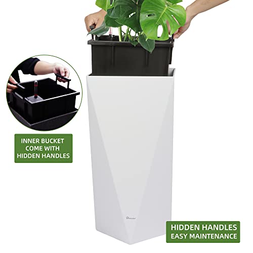 Dexceder 24 Inches Tall Self Watering Planter Diamond High Gloss Indoor Outdoor, Thickened Rhombus Large Floor Standing Flower Plant Pot with Water Level Indicator (White)