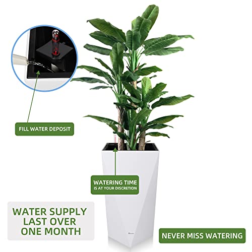 Dexceder 24 Inches Tall Self Watering Planter Diamond High Gloss Indoor Outdoor, Thickened Rhombus Large Floor Standing Flower Plant Pot with Water Level Indicator (White)