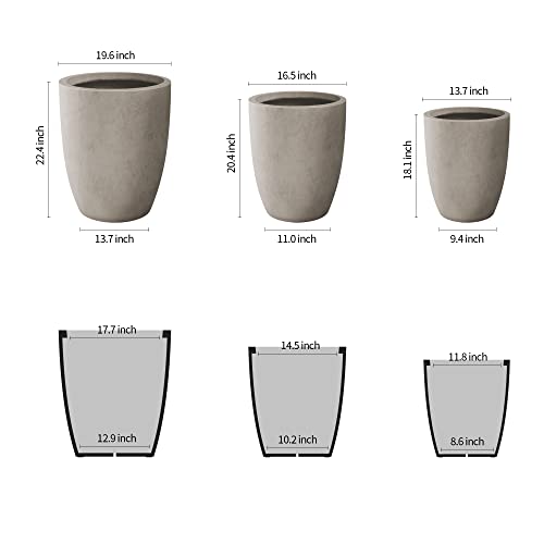 Kante 18.1" 20.4" 22.4" H Round Concrete Modern Tall Planters Set of 3 for Outdoor Indoor, Decorative Plant pots with Drainage Hole & Rubber Plug for Home & Garden Weathered Concrete