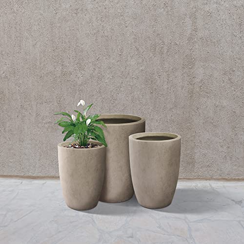 Kante 18.1" 20.4" 22.4" H Round Concrete Modern Tall Planters Set of 3 for Outdoor Indoor, Decorative Plant pots with Drainage Hole & Rubber Plug for Home & Garden Weathered Concrete