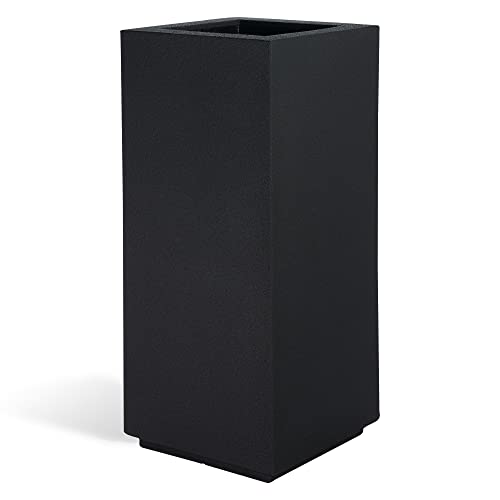 PolyStone Kensington Tall Modern Outdoor/Indoor Column Planter, 16” L x 16" W x 36" H, Lightweight, Heavy Duty, Weather Resistant, Polymer Finish, Commercial and Residential - Black