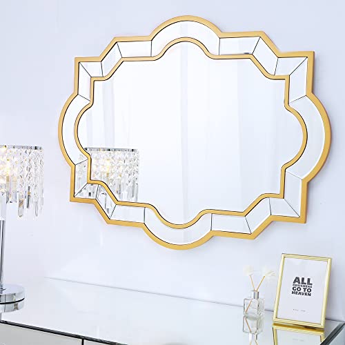 Chende Gold Mirror Wall Decor, 36 X 28 Inches Large Bathroom Wall Mirror with Beveled Edge, Modern Irregular Decorative Mirror, Hanging Horizontal or Vertical