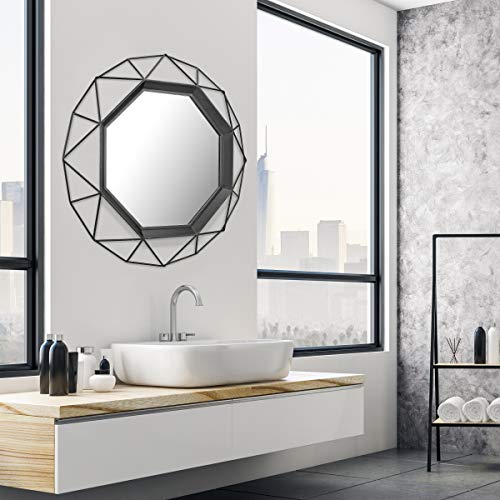 Stonebriar Decorative 28 Inch Black Geometric Metal Frame Hanging Wall Mirror with Mounting Brackets, 28.3" x 28.3"