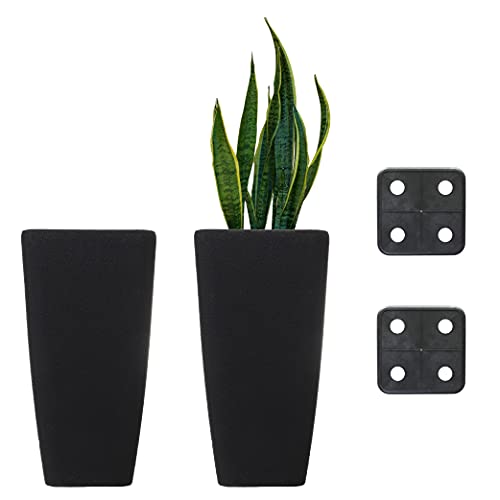 Stephan Roberts Rectangle 22 Inch Tall Planters, Durable Lightweight Indoor Outdoor Planting Pots with Soil Saver Shelf/Drainage Holes, Gardening Pots for Trees, Flowers and Plants, Set of 2, Black