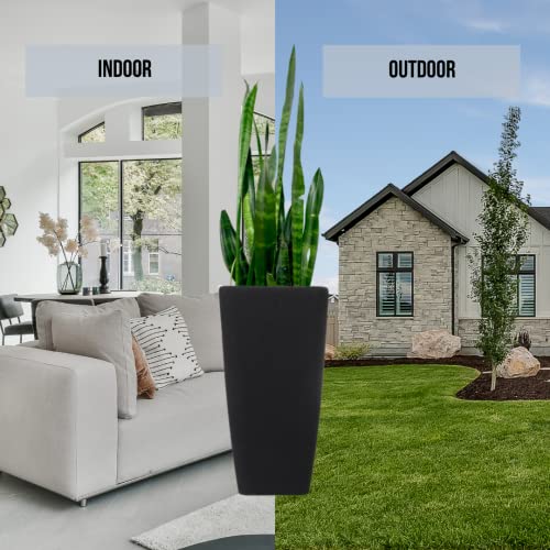 Stephan Roberts Rectangle 22 Inch Tall Planters, Durable Lightweight Indoor Outdoor Planting Pots with Soil Saver Shelf/Drainage Holes, Gardening Pots for Trees, Flowers and Plants, Set of 2, Black