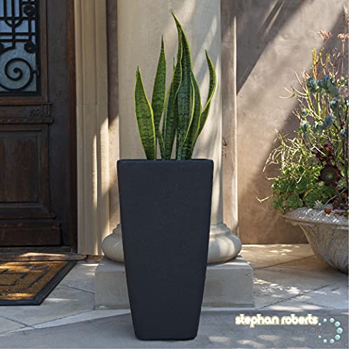 Stephan Roberts Rectangle 22 Inch Tall Planters, Durable Lightweight Indoor Outdoor Planting Pots with Soil Saver Shelf/Drainage Holes, Gardening Pots for Trees, Flowers and Plants, Set of 2, Black