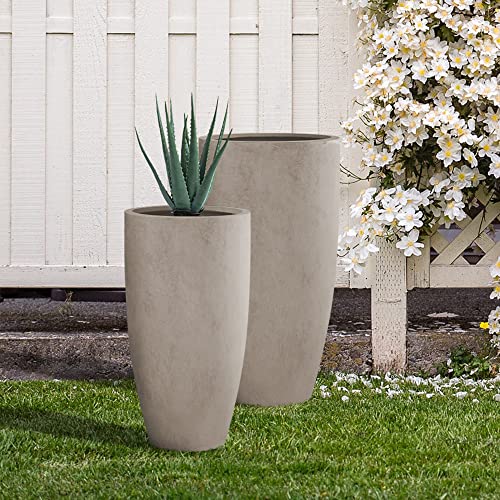 Kante 31.4" and 23.6" H Weathered Concrete Finish Concrete Tall Planters Large Outdoor Indoor Decorative Plant Pots with Drainage Hole and Rubber Plug, Modern Tapered Style for Home and Garden