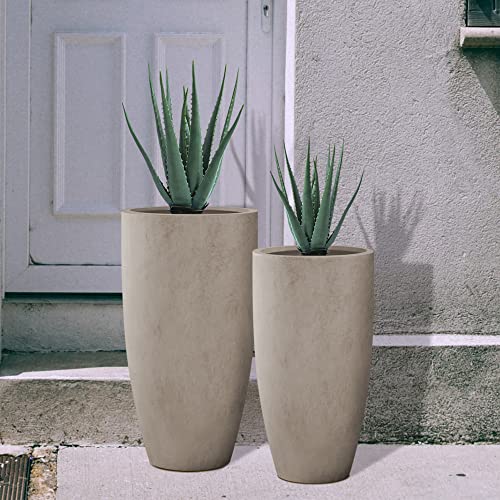 Kante 31.4" and 23.6" H Weathered Concrete Finish Concrete Tall Planters Large Outdoor Indoor Decorative Plant Pots with Drainage Hole and Rubber Plug, Modern Tapered Style for Home and Garden