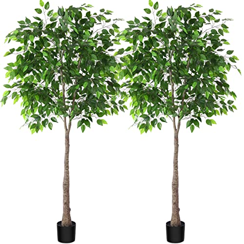 Kazeila 2 Pack Artificial Ficus Tree, 7FT Fake Plastic Ficus Plant in Pot with Durable Plastic Trunk, Faux Plant for Home Decor Office House Living Room Indoor Outdoor