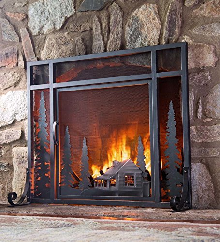 Plow & Hearth Metal Fireplace Screen Cabin Flatguard Black | 38" W x 31" H | Single Door | Spark Guard Indoor Grate | Iron Fire Place Cover | Wood Burning Stove Decorative Accessories