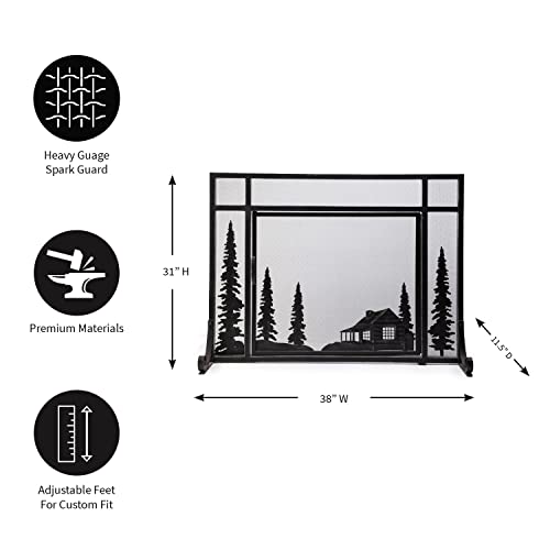 Plow & Hearth Metal Fireplace Screen Cabin Flatguard Black | 38" W x 31" H | Single Door | Spark Guard Indoor Grate | Iron Fire Place Cover | Wood Burning Stove Decorative Accessories