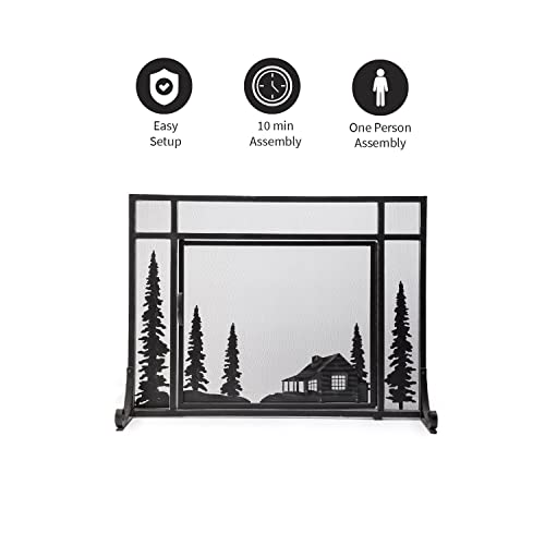 Plow & Hearth Metal Fireplace Screen Cabin Flatguard Black | 38" W x 31" H | Single Door | Spark Guard Indoor Grate | Iron Fire Place Cover | Wood Burning Stove Decorative Accessories