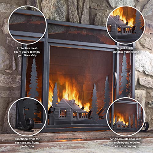 Plow & Hearth Metal Fireplace Screen Cabin Flatguard Black | 38" W x 31" H | Single Door | Spark Guard Indoor Grate | Iron Fire Place Cover | Wood Burning Stove Decorative Accessories