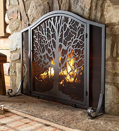 Plow & Hearth Metal Fireplace Screen Tree of Life Black | 38" W x 31" H | Flatguard | Spark Guard Indoor Grate | Iron Fire Place Cover | Wood Burning Stove Decorative Accessories
