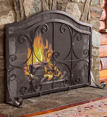 Plow & Hearth Metal Fireplace Screen Crest Arch Black | 44" W x 33" H | Flatguard | Spark Guard Indoor Grate | Iron Fire Place Cover | Wood Burning Stove Decorative Accessories