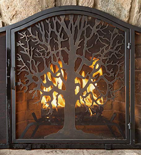 Plow & Hearth Metal Fireplace Screen Tree of Life Black | 38" W x 31" H | Flatguard | Spark Guard Indoor Grate | Iron Fire Place Cover | Wood Burning Stove Decorative Accessories