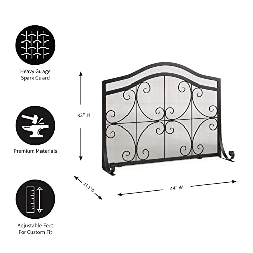 Plow & Hearth Metal Fireplace Screen Crest Arch Black | 44" W x 33" H | Flatguard | Spark Guard Indoor Grate | Iron Fire Place Cover | Wood Burning Stove Decorative Accessories