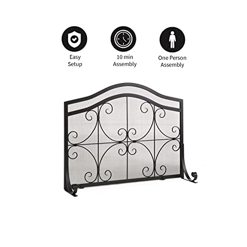 Plow & Hearth Metal Fireplace Screen Crest Arch Black | 44" W x 33" H | Flatguard | Spark Guard Indoor Grate | Iron Fire Place Cover | Wood Burning Stove Decorative Accessories
