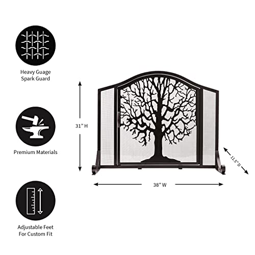 Plow & Hearth Metal Fireplace Screen Tree of Life Black | 38" W x 31" H | Flatguard | Spark Guard Indoor Grate | Iron Fire Place Cover | Wood Burning Stove Decorative Accessories