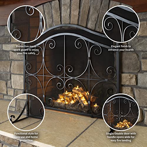Plow & Hearth Metal Fireplace Screen Crest Arch Black | 44" W x 33" H | Flatguard | Spark Guard Indoor Grate | Iron Fire Place Cover | Wood Burning Stove Decorative Accessories