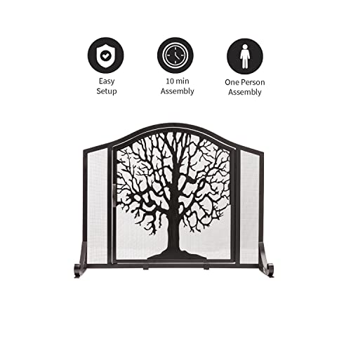Plow & Hearth Metal Fireplace Screen Tree of Life Black | 38" W x 31" H | Flatguard | Spark Guard Indoor Grate | Iron Fire Place Cover | Wood Burning Stove Decorative Accessories