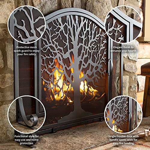 Plow & Hearth Metal Fireplace Screen Tree of Life Black | 38" W x 31" H | Flatguard | Spark Guard Indoor Grate | Iron Fire Place Cover | Wood Burning Stove Decorative Accessories