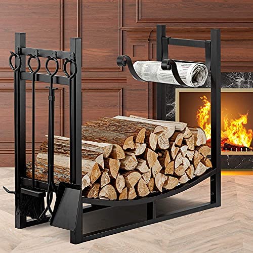 Amagabeli Large Wide Firewood Rack with Fireplace Tools Set Fireplace Tool Rack Indoor Outdoor Kindling Holder Heavy Duty Wood Storage Log Rack