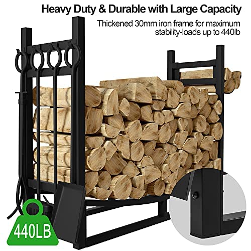 Amagabeli Large Wide Firewood Rack with Fireplace Tools Set Fireplace Tool Rack Indoor Outdoor Kindling Holder Heavy Duty Wood Storage Log Rack