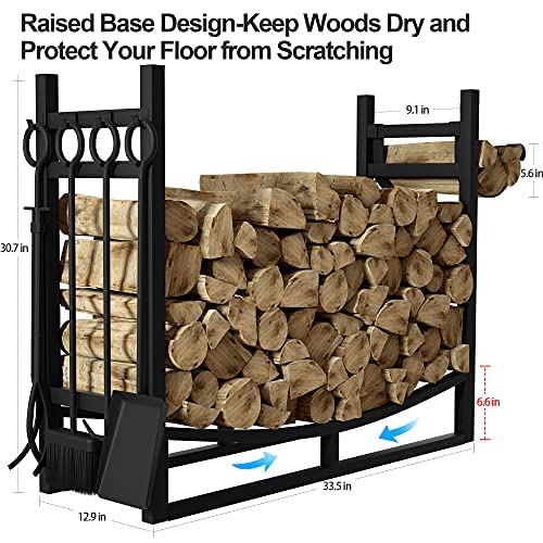Amagabeli Large Wide Firewood Rack with Fireplace Tools Set Fireplace Tool Rack Indoor Outdoor Kindling Holder Heavy Duty Wood Storage Log Rack
