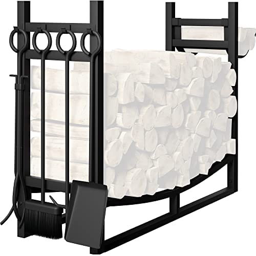 Amagabeli Large Wide Firewood Rack with Fireplace Tools Set Fireplace Tool Rack Indoor Outdoor Kindling Holder Heavy Duty Wood Storage Log Rack