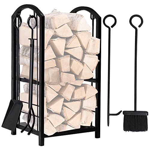 AMAGABELI GARDEN & HOME Firewood Rack Fireplace Tool Rack Indoor Wood Holders Fireplace Outdoor Log Holder Rack Lumber Storage Stacking Black Stove Wrought Iron Large Logs Bin Fireplace Tools Set Tongs Accessories