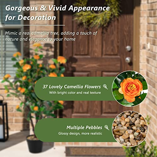 Goplus 40” Artificial Camellia Tree, 2 Pack Flower Plants Artificial Tree, Faux Floral Plant Blooming Tree in Cement Pot, Greenery Potted Plant for Indoor Outdoor Office Home Porch Decor