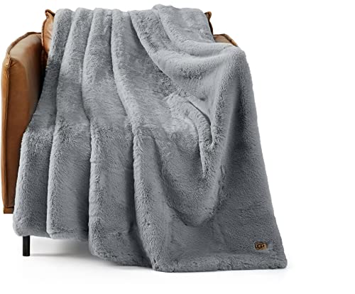 UGG 11069 Euphoria Plush Faux Fur Reversible Throw Cozy Fuzzy Fluffy Blanket for Couch Bed Hotel Style Luxury Machine Washable Home Decor Luxurious Soft Throws for Sofa, 70 x 50-inch, Chambray