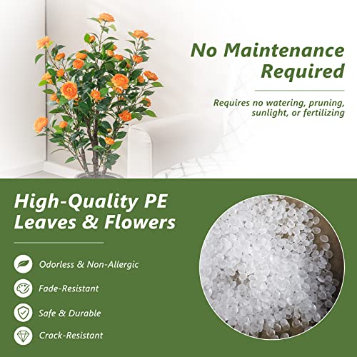 Goplus 40” Artificial Camellia Tree, 2 Pack Flower Plants Artificial Tree, Faux Floral Plant Blooming Tree in Cement Pot, Greenery Potted Plant for Indoor Outdoor Office Home Porch Decor