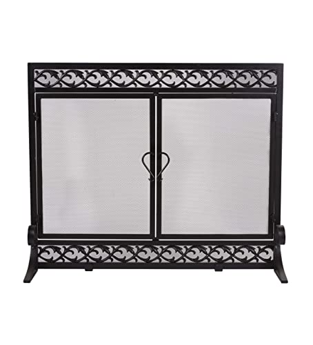 Plow & Hearth Metal Fireplace Screen Scrollwork Black | 38" W x 31" H | 2 - Door | Spark Guard Indoor Grate | Iron Fire Place Cover | Wood Burning Stove Decorative Accessories