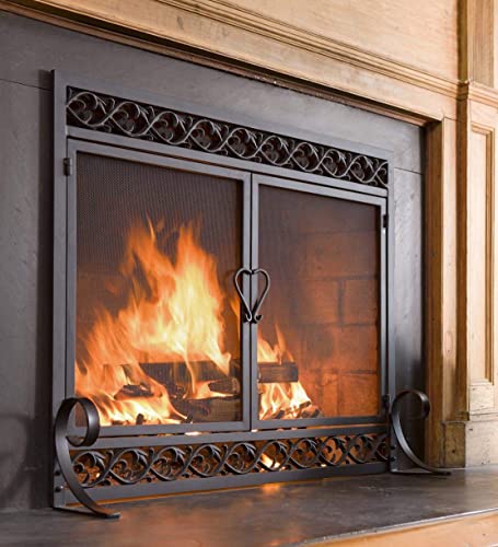 Plow & Hearth Metal Fireplace Screen Scrollwork Black | 38" W x 31" H | 2 - Door | Spark Guard Indoor Grate | Iron Fire Place Cover | Wood Burning Stove Decorative Accessories