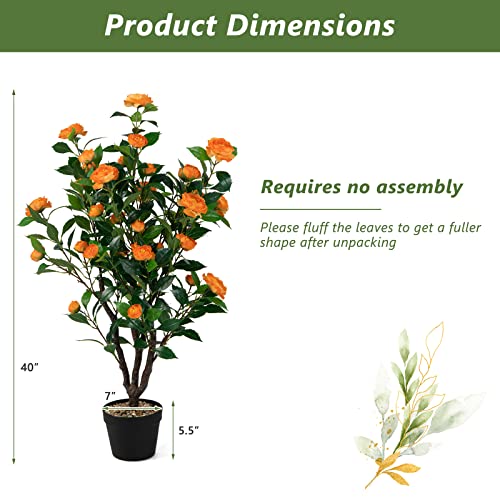 Goplus 40” Artificial Camellia Tree, 2 Pack Flower Plants Artificial Tree, Faux Floral Plant Blooming Tree in Cement Pot, Greenery Potted Plant for Indoor Outdoor Office Home Porch Decor