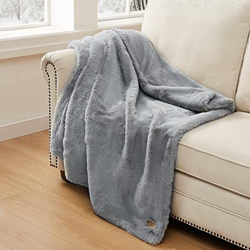 UGG 11069 Euphoria Plush Faux Fur Reversible Throw Cozy Fuzzy Fluffy Blanket for Couch Bed Hotel Style Luxury Machine Washable Home Decor Luxurious Soft Throws for Sofa, 70 x 50-inch, Chambray