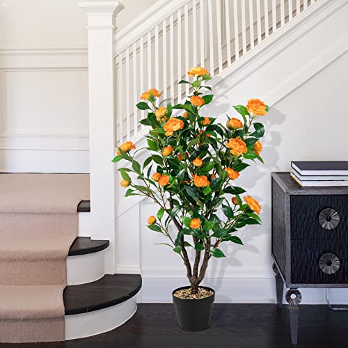 Goplus 40” Artificial Camellia Tree, 2 Pack Flower Plants Artificial Tree, Faux Floral Plant Blooming Tree in Cement Pot, Greenery Potted Plant for Indoor Outdoor Office Home Porch Decor