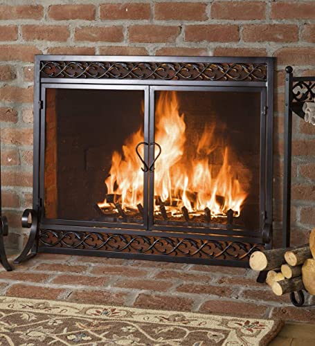 Plow & Hearth Metal Fireplace Screen Scrollwork Black | 38" W x 31" H | 2 - Door | Spark Guard Indoor Grate | Iron Fire Place Cover | Wood Burning Stove Decorative Accessories