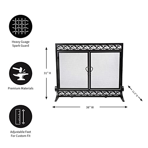 Plow & Hearth Metal Fireplace Screen Scrollwork Black | 38" W x 31" H | 2 - Door | Spark Guard Indoor Grate | Iron Fire Place Cover | Wood Burning Stove Decorative Accessories