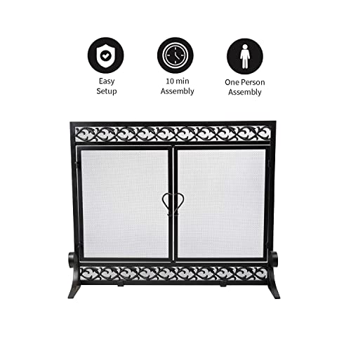 Plow & Hearth Metal Fireplace Screen Scrollwork Black | 38" W x 31" H | 2 - Door | Spark Guard Indoor Grate | Iron Fire Place Cover | Wood Burning Stove Decorative Accessories