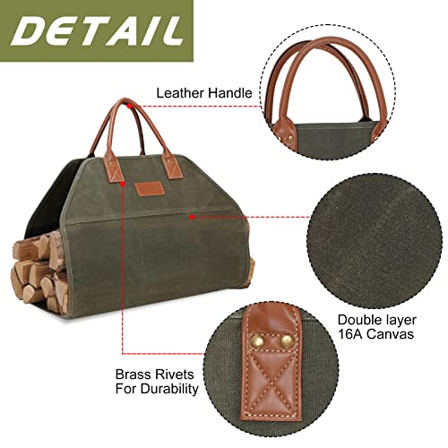 G GOOD GAIN Firewood Carrier Waxed Canvas with Handles, Wood Carrier for Firewood, 36x18.5 Inch Heavy Duty Firewood Storage Tote, Fireplace Log Carrier Indoor Bag, Wood Stove Accessories. Green