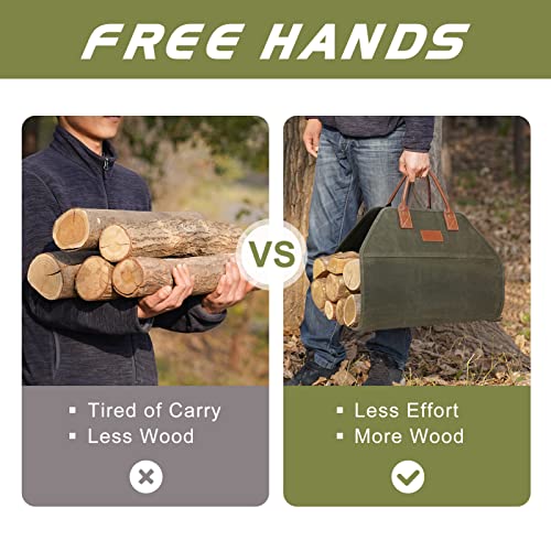 G GOOD GAIN Firewood Carrier Waxed Canvas with Handles, Wood Carrier for Firewood, 36x18.5 Inch Heavy Duty Firewood Storage Tote, Fireplace Log Carrier Indoor Bag, Wood Stove Accessories. Green