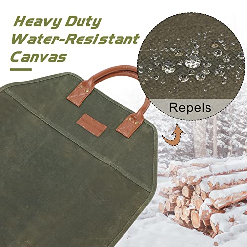 G GOOD GAIN Firewood Carrier Waxed Canvas with Handles, Wood Carrier for Firewood, 36x18.5 Inch Heavy Duty Firewood Storage Tote, Fireplace Log Carrier Indoor Bag, Wood Stove Accessories. Green