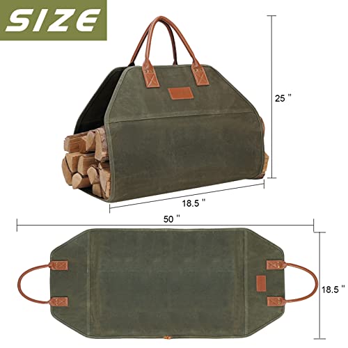 G GOOD GAIN Firewood Carrier Waxed Canvas with Handles, Wood Carrier for Firewood, 36x18.5 Inch Heavy Duty Firewood Storage Tote, Fireplace Log Carrier Indoor Bag, Wood Stove Accessories. Green