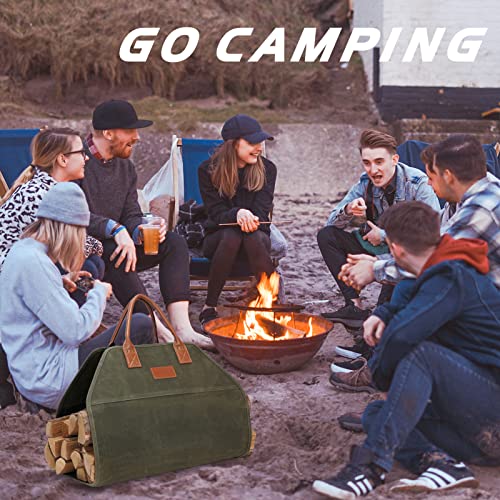 G GOOD GAIN Firewood Carrier Waxed Canvas with Handles, Wood Carrier for Firewood, 36x18.5 Inch Heavy Duty Firewood Storage Tote, Fireplace Log Carrier Indoor Bag, Wood Stove Accessories. Green