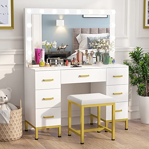 WJFORLION Vanity Set with Lighted Mirror, 44'' Makeup Vanity Dressing Table with 14PCS LED Bulbs, Vanity Desk White Vanity with Cushioned Stool & 7 Drawers for Bedroom(White)