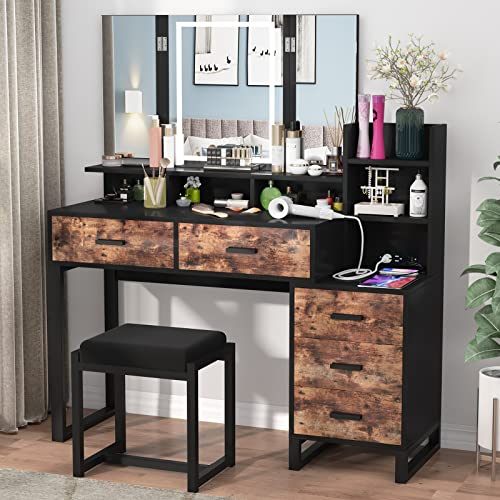Vanity Set with Tri-fold Makeup Mirror, 45.59'' Large Vanity Desk with Charging Station, 3-Color Adjustable Touch Light, 5 Drawers, Storage Shelves&Cushioned Stool Makeup Vanity for Bedroom (Black)