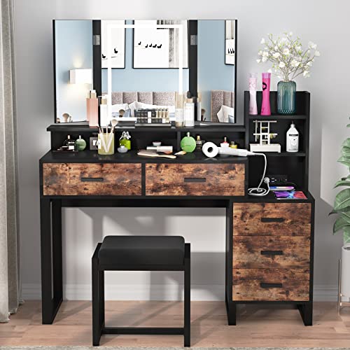 Vanity Set with Tri-fold Makeup Mirror, 45.59'' Large Vanity Desk with Charging Station, 3-Color Adjustable Touch Light, 5 Drawers, Storage Shelves&Cushioned Stool Makeup Vanity for Bedroom (Black)